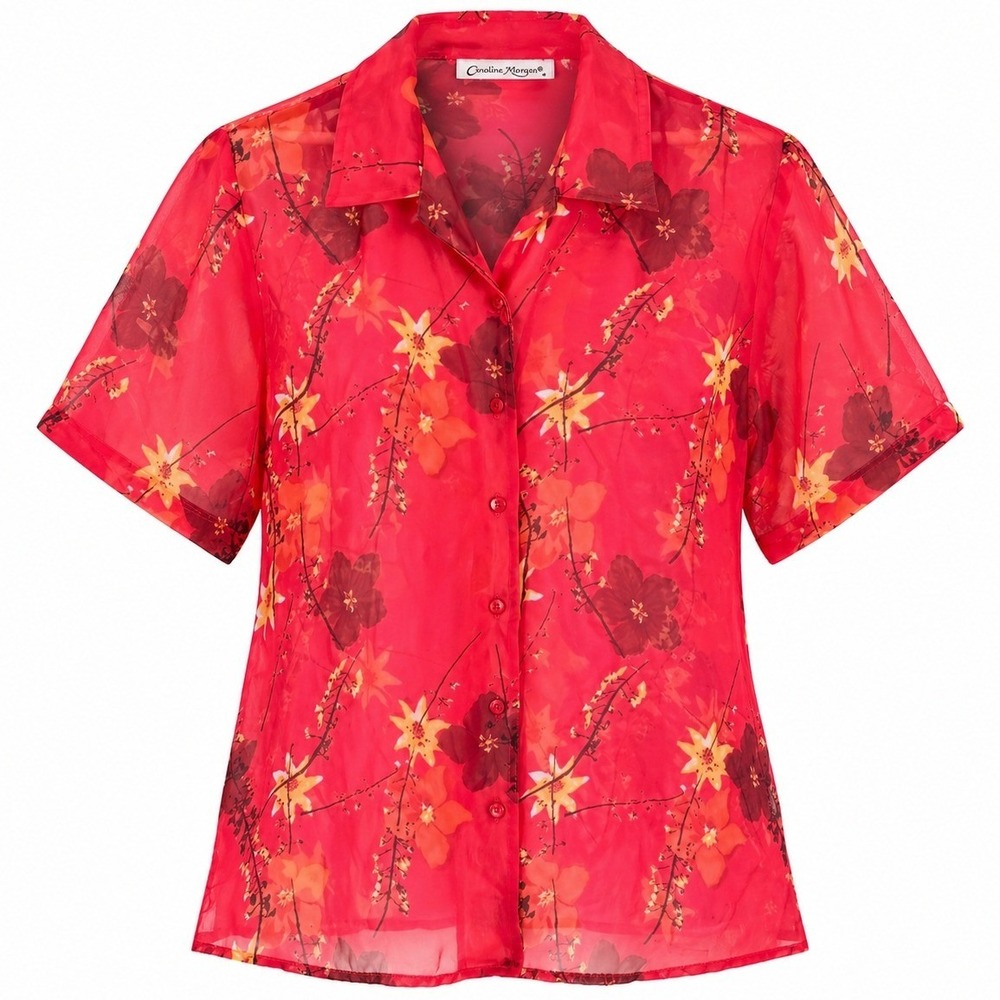 Womens Red Floral Sheer Short Sleeve Button Down Blouse Size L Vintage Layering